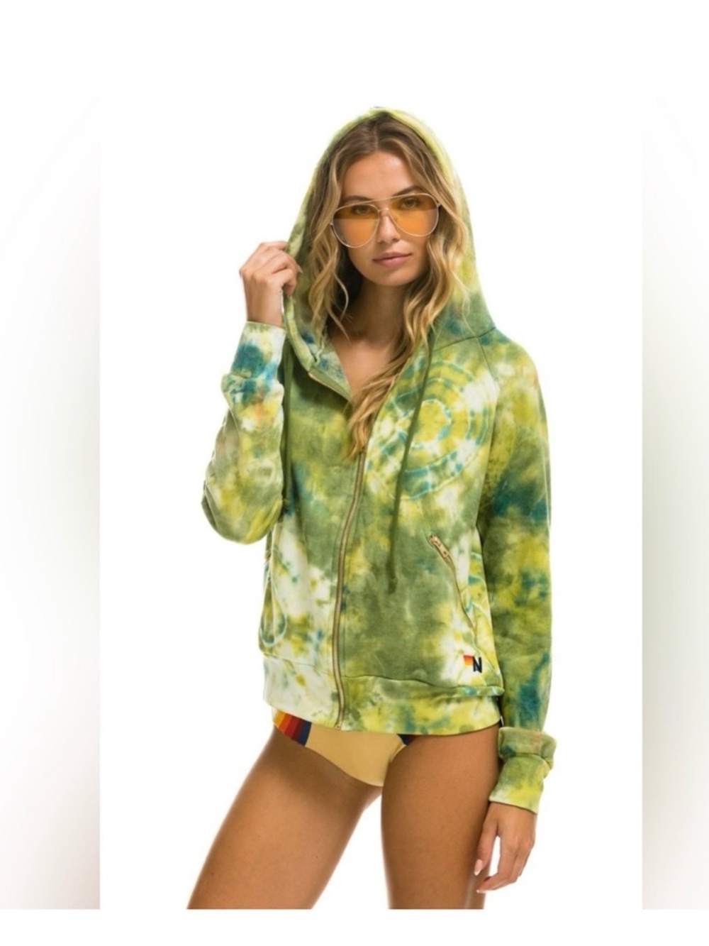 LIKE NEW Aviator Nation Green & Yellow Tie-Dye Zip Hoodie with Gold Zippers